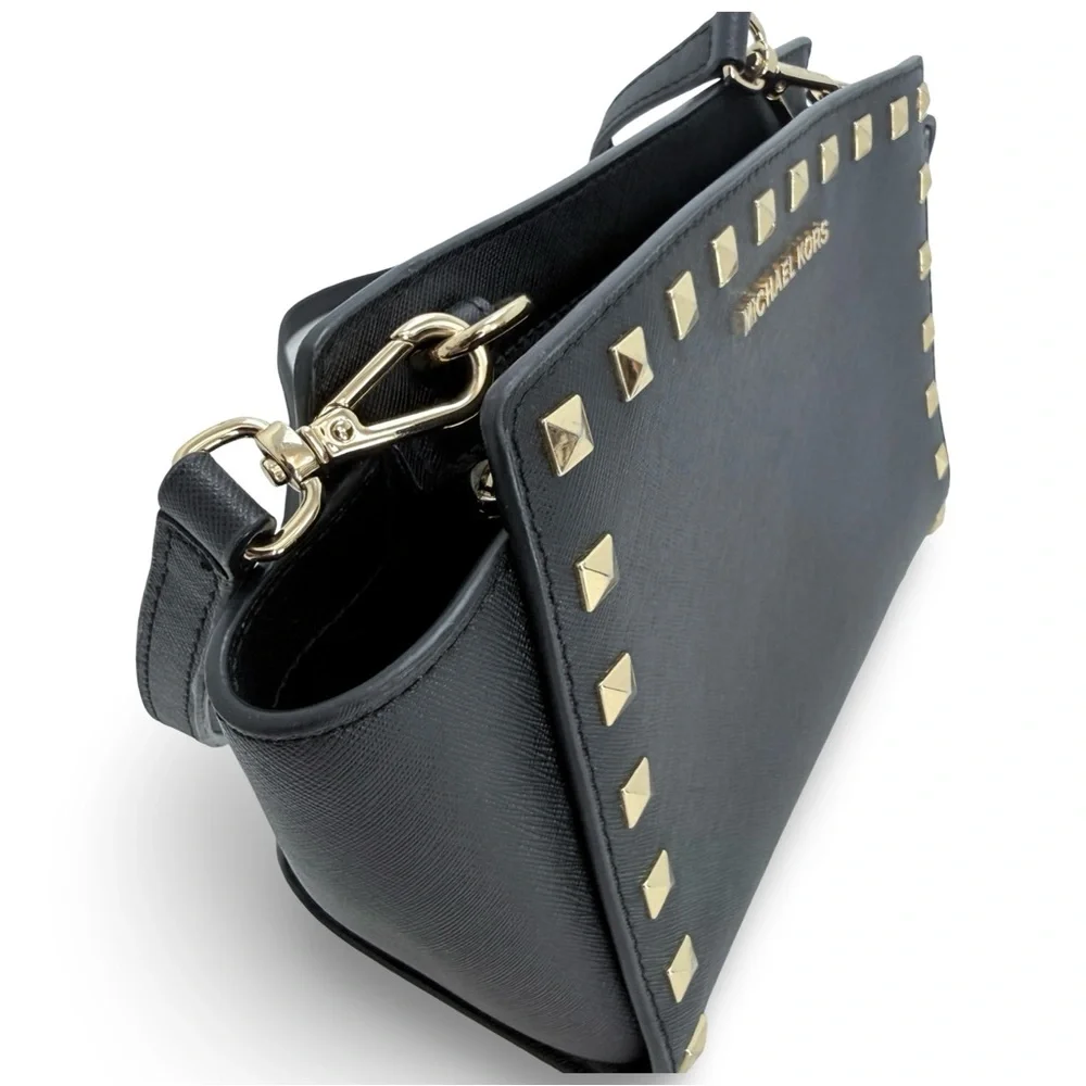 Michael Kors Selma Studded Medium Crossbody Black Saffiano Leather Gold Stud - Picture 4 of 14